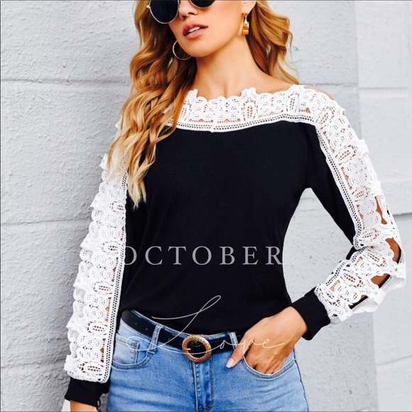 SHEIN Tops - FINAL MARK-DOWN “HELLO FALL” BLK TOP W/WHITE LACE
